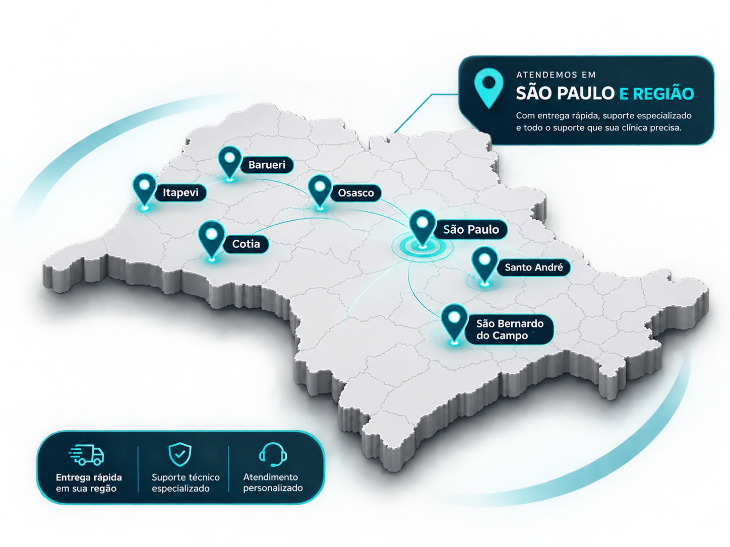 Mapa de São Paulo e região com as cidades atendidas: Barueri, Itapevi, Osasco, Cotia, São Paulo, Santo André e São Bernardo do Campo. Entrega rápida, suporte técnico especializado e atendimento personalizado.
